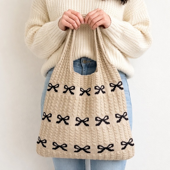 Zenana Handbags - NEW Zenana Tan Knit Bow Tote Bag Cottagecore Coquette Soft Girl Boutique